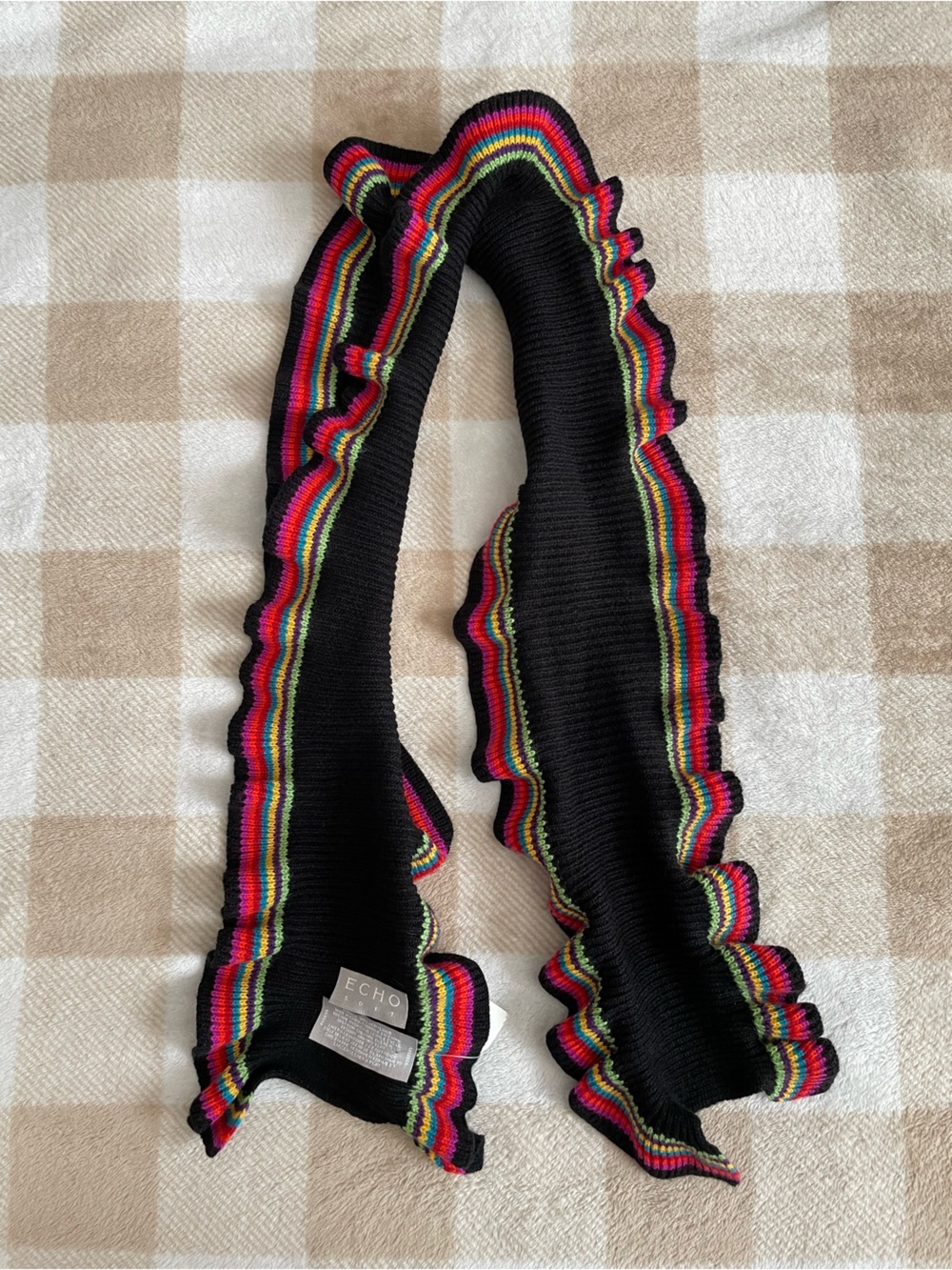 Vintage NWT Echo Black Knit Scarf with Rainbow Ruffle Trim
